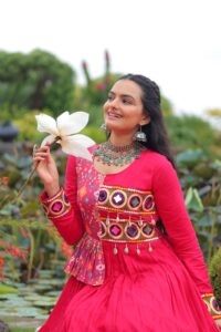 Wine and pink Navratri Special Gown with Elegant Kutchi Embroidery