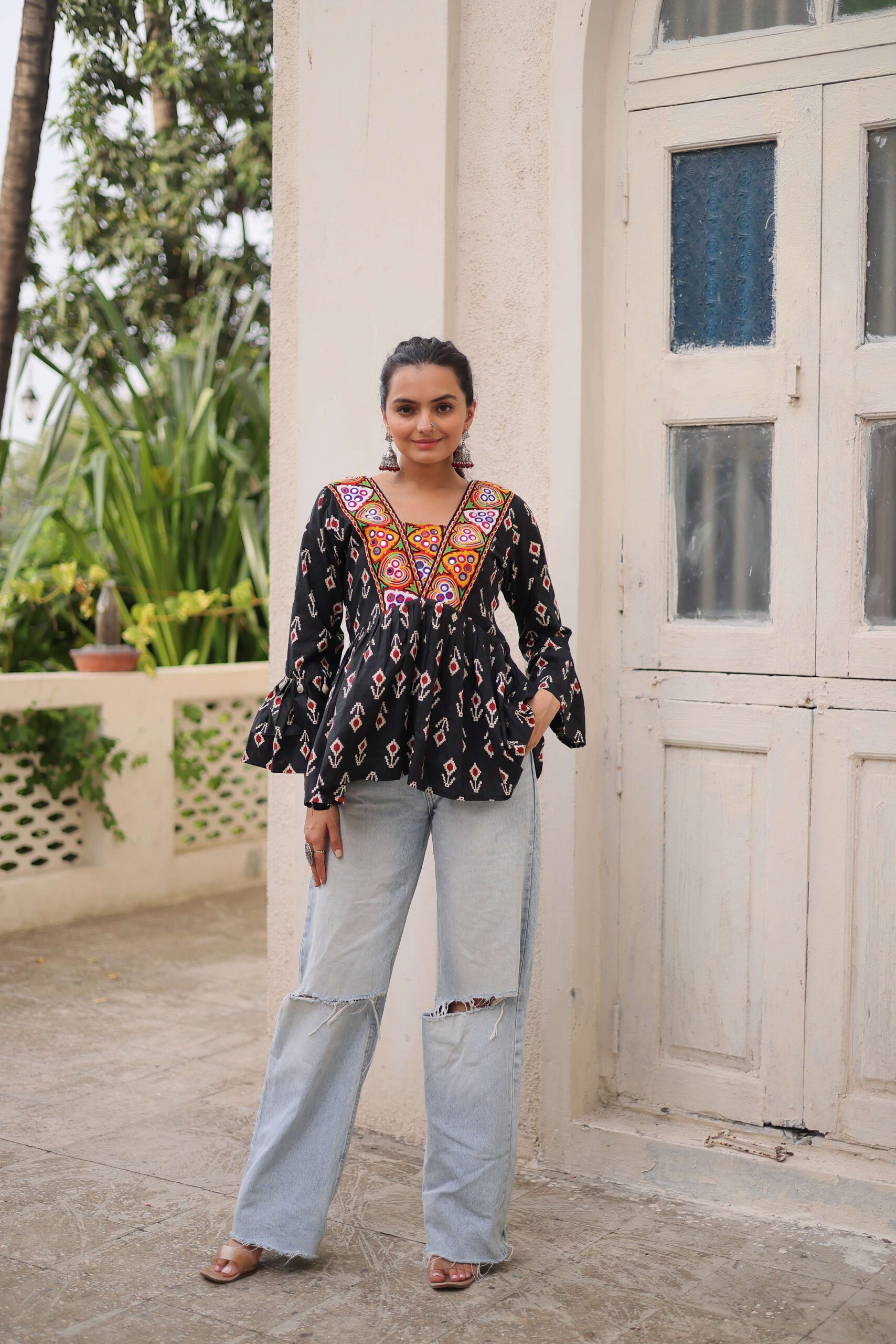 lack Cotton Printed Navratri Top with Kutchi Patch Work & Patterned Neck ? Ethnic Festive Wear for Women