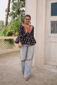 lack Cotton Printed Navratri Top with Kutchi Patch Work & Patterned Neck ? Ethnic Festive Wear for Women - Image 3