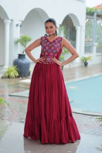 Maroon Elegant Kutchi Embroidered Frill Gown ? Perfect for Navratri Celebrations - Image 5