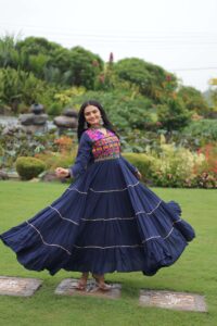 Navy-Blue Premium Navratri Gown with Kutchi Gamthi Embroidery, Mirror Work & Frill Detailing ? Elegant Ethnic Wear for Women