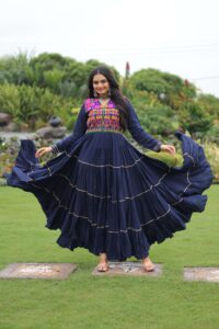Navy-Blue Premium Navratri Gown with Kutchi Gamthi Embroidery, Mirror Work & Frill Detailing ? Elegant Ethnic Wear for Women - Image 3