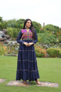 Navy-Blue Premium Navratri Gown with Kutchi Gamthi Embroidery, Mirror Work & Frill Detailing ? Elegant Ethnic Wear for Women - Image 4