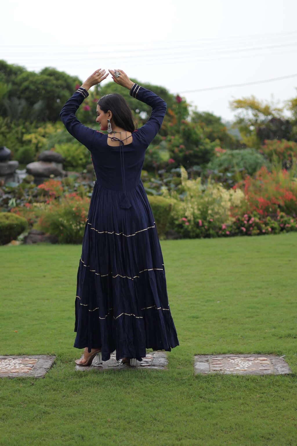 Navy-Blue Premium Navratri Gown with Kutchi Gamthi Embroidery, Mirror Work & Frill Detailing ? Elegant Ethnic Wear for Women - Image 5