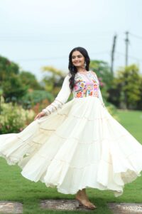 White Navratri Special Off-White Designer Gown in Kora Cotton with Multi-Thread & Gota Patti Work - Image 5