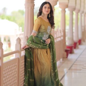 Green Premium Designer Chinnon Print Top-Sharara-Dupatta Set with Bead & Zari Work ? Elegant Ethnic Wear for Women