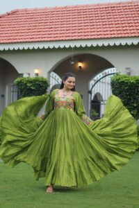 Wine and perot Navratri Special 14 Kg Reyon Designer Gown with Kutchi Gamthi Work ? Flared Ethnic Wear for Women