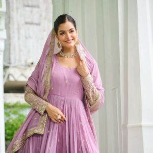 Pink Designer Faux Georgette Gown with Dupatta ? Embroidered & Sequins Work Ethnic Set for Women
