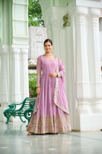 Pink Designer Faux Georgette Gown with Dupatta ? Embroidered & Sequins Work Ethnic Set for Women - Image 4