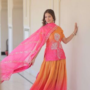 Pink Premium Designer Chinnon Print Top-Sharara-Dupatta Set with Bead & Zari Work ? Elegant Ethnic Wear for Women