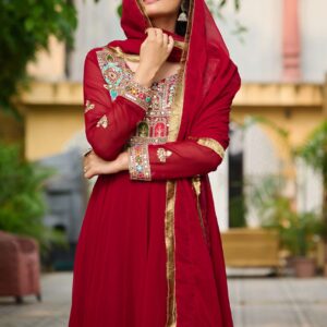 Maroon Elegant Faux Blooming Designer Gown with Sequins & Multi-Thread Embroidery ? Ethnic Dupatta Set