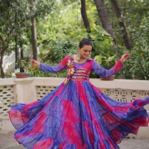 Purple Designer Laheriya & Bandhej Print Navratri Gown with Kutchi Patch Work in Faux Georgette ? Elegant Festive Wear for Women