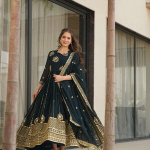 Rama Premium Faux Blooming Designer Gown with Dupatta ? Zari & Sequins Embroidery for Elegant Ethnic Wear
