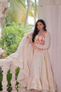 Off-White Kora Cotton Navratri Gown with Multi-Thread Embroidery & Gota Patti Work ? Elegant Festive Wear for Women - Image 4