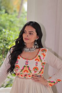 Off-White Kora Cotton Navratri Gown with Multi-Thread Embroidery & Gota Patti Work ? Elegant Festive Wear for Women - Image 5