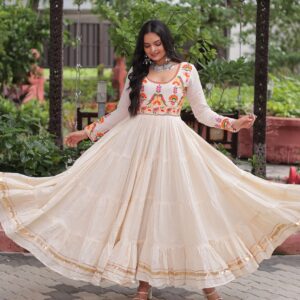 Off-White Kora Cotton Navratri Gown with Multi-Thread Embroidery & Gota Patti Work ? Elegant Festive Wear for Women