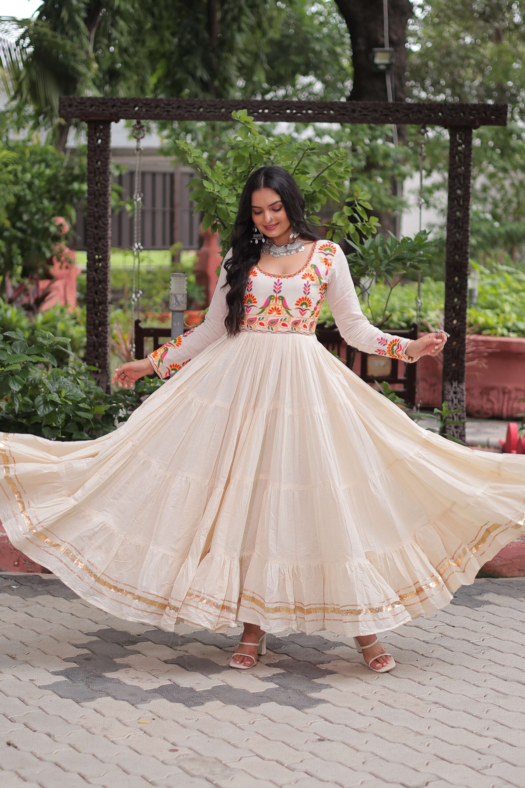 Off-White Kora Cotton Navratri Gown with Multi-Thread Embroidery & Gota Patti Work ? Elegant Festive Wear for Women