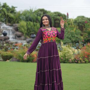 Wine Premium Navratri Gown with Kutchi Gamthi Embroidery, Mirror Work & Frill Detailing ? Elegant Ethnic Wear for Women